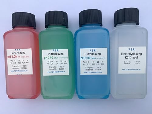 FSRTOP pH Kalibrierlösung Set pH 4 pH 7 pH 9 KCL 3mol/l je 100 ml Kalibrierflüssigkeit Pufferlösung Eichlösung pH Messgerät Tester Eichflüssigkeit Set 400 ml von FSRTOP