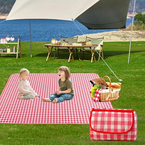 FSSODWT Picknickdecke Wasserdicht 200x200cm Picnic Blanket Kein Gras Stranddecke Picknickdecke XXL Gepolstert Balkonteppich Wasserfest Campingdecke für Strand, Wandern, Spielplatz, Camping (Rot) von FSSODWT