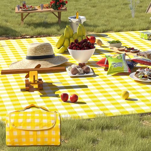 Picknickdecke Wasserdicht 200x200cm Picnic Blanket Kein Gras Stranddecke Picknickdecke XXL Gepolstert Balkonteppich Wasserfest Campingdecke für Freibad, Strand, Wandern, Spielplatz, Camping (Gelb) von FSSODWT