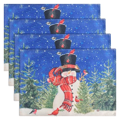 Mode Schneemann Rot Schals Kiefern Weihnachten Platzsets 4er Set, 30x45cm Urlaub Tischsets Waschbar Platzdeckchen Küche Party Deko von FSSPLJHYJ