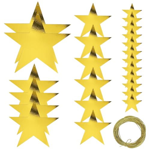 24 Stück Glitzer hängende Sterne Stern Form Karton Papier Ausschnitte Große Wand Stern Konfetti Goldene Pinnwand Sterne Film Nacht Party Dekoration mit 100 m goldenem Nylonseil von FSSTUD