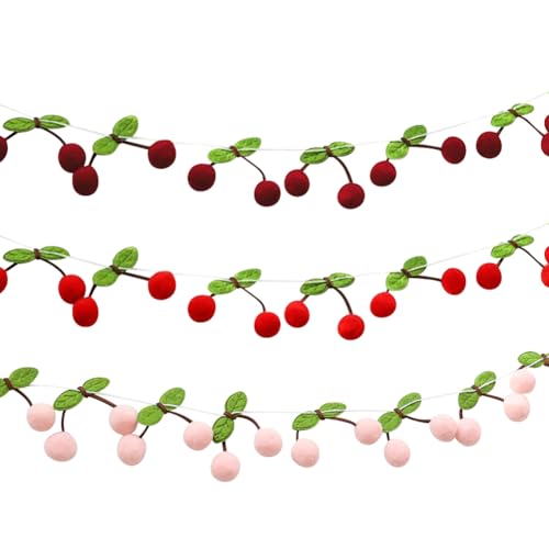 FSSTUD 3 Streifen Kirschgirlande Hängende Dekoration Kirsche Geburtstag Party Banner Niedliches Obst Banner Party Wandbehang Kirschen Obst Themed Geburtstag Dekorationen für Zuhause Wohnheim von FSSTUD