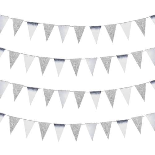 FSSTUD 4 Streifen Metallic Papier Banner Glitzer Geburtstag Wimpelkette Verlobung Party Wimpel Banner Garten Dreieck Hängende Flaggen Baby Brautdusche Girlanden Silber von FSSTUD