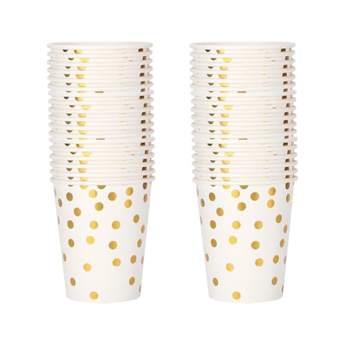 FSSTUD 50 Stück 266 ml gepunktete Partybecher Hochzeit Dusche Trinkbecher Abschlussfeier Jahrestag Pappbecher Urlaub Heißgetränkebecher Niedliches Picknick Trinkgeschirr für Partyzubehör Weiß Golden von FSSTUD