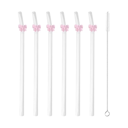 FSSTUD 6 Stück 200 x 8 mm süße Schleifen-Glas-Strohhalme, transparent, wiederverwendbar, lange gebogene Smoothie-Strohhalme, ästhetischer Eiskaffee-Strohhalm, Cocktail-Trinkhalme mit 1 von FSSTUD