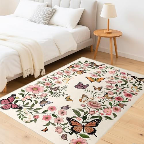 FSUVSJBGT Teppich für Wohnzimmer, 1,5 x 1,8 m, Blumen- und Schmetterlings-Druck, 12,7 x 17,8 cm, weich, beige, waschbar, ultradünne Fußmatte für den Innenbereich (1,5 x 1,8 m, Beige) von FSUVSJBGT