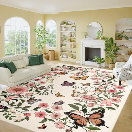 FSUVSJBGT Wohnzimmerteppich mit Blumenmuster, waschbar, 15,2 x 22,9 cm, für Wohnzimmer, weich, beige, waschbar, ultradünne Fußmatte für den Innenbereich von FSUVSJBGT