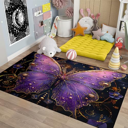 Schmetterlingsteppich für Mädchenzimmer – 90 x 150 cm, lila Schmetterlingsteppich für Schlafzimmer, für Mädchen, Schmetterlingsteppich, für drinnen und draußen, Schmetterlings-Bodenmatte für von FSUVSJBGT