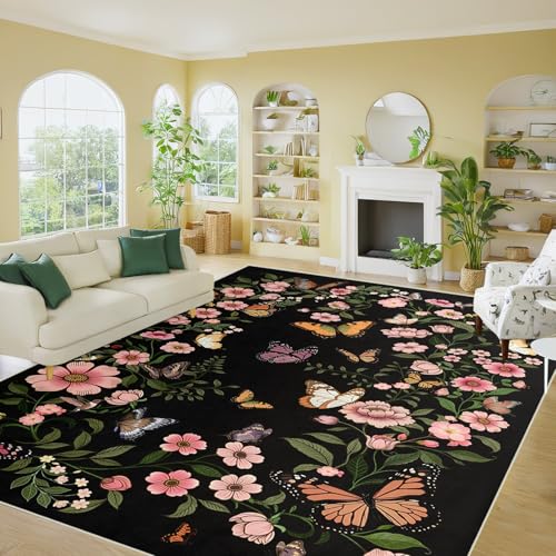 Teppich, Blumen-Schmetterling, 22,9 x 30,5 cm, für Wohnzimmer, Eingangsbereich, weich, schwarz, waschbar, ultradünne Fußmatte für den Innenbereich von FSUVSJBGT