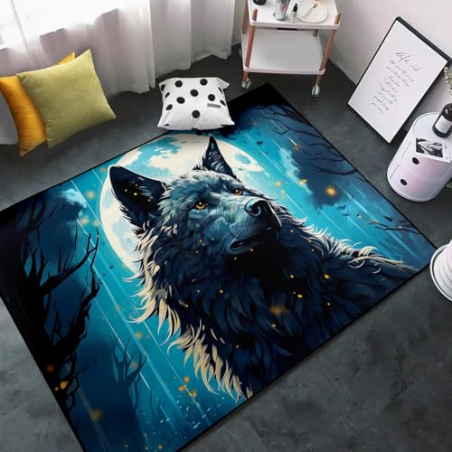 Wolf-Teppich für Jungenzimmer – Mondwolf-Teppiche für Schlafzimmer, Wildtiere, Druckbereich, Teppich für Jungen, Wolfsteppich, für drinnen und draußen, Wolf-Bodenmatte für Heimdekoration, von FSUVSJBGT