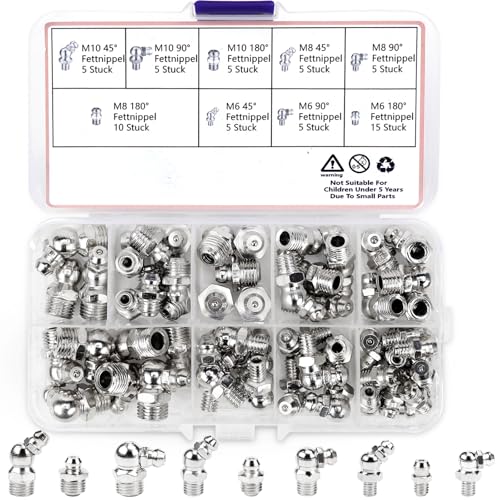 FSWWSF 60 Stück Schmiernippel Set, Kegelschmiernippel, Schmiernippel Sortiment M6 M8 M10, Gerade Abgewinkelt 45° 90° 180° Hydraulik Fettnippel (60) von FSWWSF