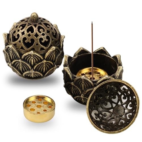 FSWWSF Räucherkerzen Halter Vintage Räucherstäbchenhalter Räucherstäbchen Halter Mini Räuchergefäß Lotus Weihrauchbrenner mit Deckel Metall Incense Holder für Heimdekoration, Teehaus, Yogastudio (L) von FSWWSF