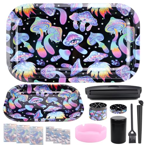 FSWWSF Rolltablett Grinder Set 2 Tragbar Rolling Tray für Zuhause und Küche Einfachen Befüllen und Zubehör et (Pilzmotiven versehen) von FSWWSF