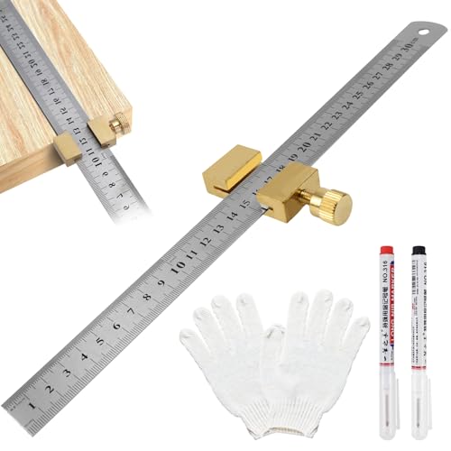 FSWWSF Stahllineal 30cm AnreißLineal Edelstahl FüR Holzarbeiter Mit Verstellbar Positionierblock Messing Stahl Lineal FüR Heimwerken, Holzbearbeitung, Handwerk von FSWWSF