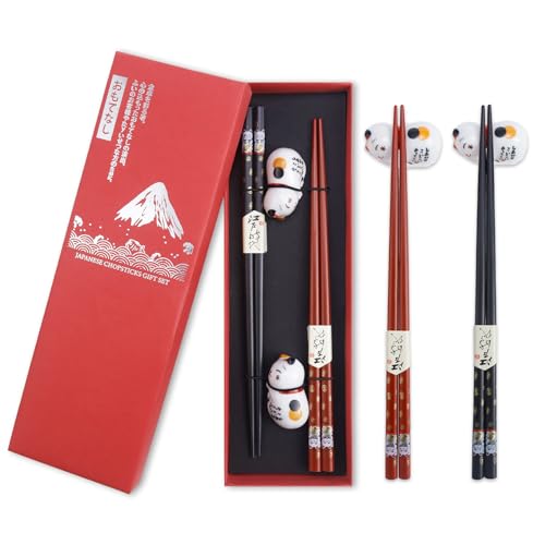 FSWWSF Sushi Essstäbchen Set 2 Paar Holz Chopsticks mit Cat Keramik-Unterleger in Premium Geschenkbox Nachhaltig Japanisch Chinesisch Koreanisch Taiwanesisch von FSWWSF