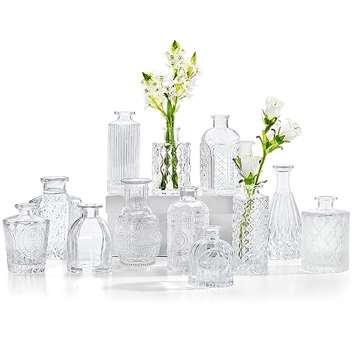 Glas Knospe Vasen Satz von 12, kleine Vasen für Tafelaufsätze, Vase für Blumen in Bulk für rustikale Hochzeit Home Tischdekorationen von FSXEU