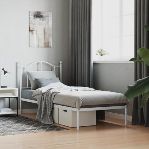 FSYM Bettgestell, Bettgestell, Schlafzimmer-Plattformmöbel, Metall, mit Kopfteil, Weiß, 92 x 187 cm, Einzelbett von FSYM