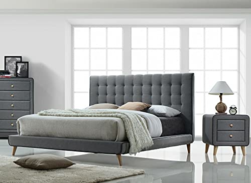 FSYM Modernes Doppelbett aus grauem Stoff im skandinavischen Stil mit schwebendem Look, Marietta von FSYM
