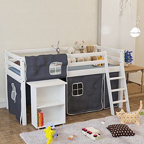FSYM Modernes Etagenbett für Schlafzimmer, 90 cm, mit Leitergestell, Zelt und seitlichem Bücherregal, Holz-Hochbett für Kinder von FSYM