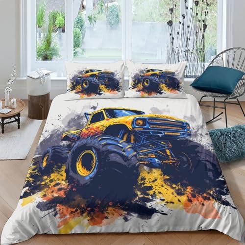 FSYQQASD Monster Truck Bettwäsche-Set 3D Gedruckter Querfeldein Musterdesign,Motiv Bettbezug Set Microfaser 3 Teilig Mit Reißverschluss Geeignet Für Kinder Und Erwachsene Double（200x200cm） von FSYQQASD