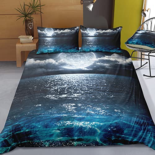 Bettwäsche 155x220 Das Meer, 3D Bettwäsche-Sets Microfaser Bettbezug Mond, Weiche und Kuschelige Deckenbezug und 2 Kissenbezug 80x80 cm von FSZXC