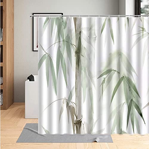 Duschvorhang 120x200 Bambus, Wasserdicht Anti Schimmel Duschvorhänge 3D Pflanze, Shower Curtains Waschbar mit 8 Ringe, Duschrollo für Badewanne, Dusche Badezimmer von FSZXC