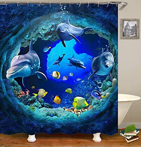 Duschvorhang 120x200 Delfin, Wasserdicht Anti Schimmel Duschvorhänge 3D Ozean, Shower Curtains Waschbar mit 8 Ringe, Duschrollo für Badewanne, Dusche Badezimmer von FSZXC