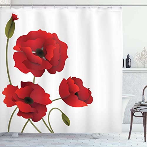 Duschvorhang 180x180 Blumen, Wasserdicht Anti Schimmel Duschvorhänge 3D Rot, Shower Curtains Waschbar mit 12 Ringe, Duschrollo für Badewanne, Dusche Badezimmer von FSZXC