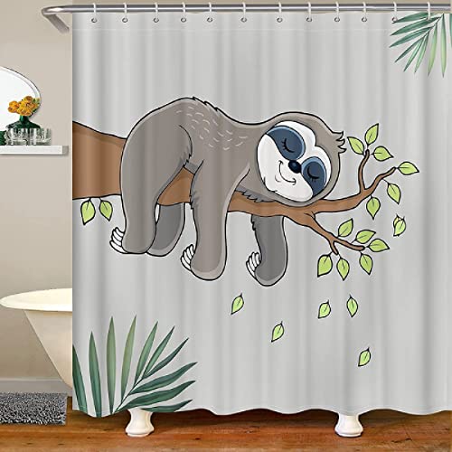 Duschvorhang 180x180 Süßes Faultier, Wasserdicht Anti Schimmel Duschvorhänge 3D Grau, Shower Curtains Waschbar mit 12 Ringe, Duschrollo für Badewanne, Dusche Badezimmer von FSZXC