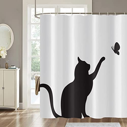 Duschvorhang 180x200 Katze, Wasserdicht Anti Schimmel Duschvorhänge 3D Weiß, Shower Curtains Waschbar mit 12 Ringe, Duschrollo für Badewanne, Dusche Badezimmer von FSZXC