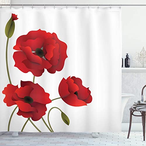 Duschvorhang 200x200 Blumen, Wasserdicht Anti Schimmel Duschvorhänge 3D Rot, Shower Curtains Waschbar mit 12 Ringe, Duschrollo für Badewanne, Dusche Badezimmer von FSZXC