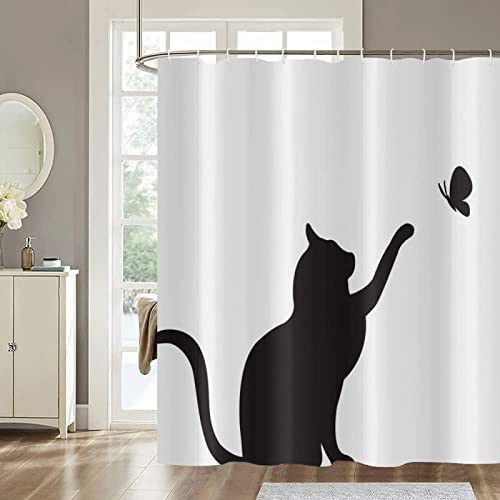 Duschvorhang 200x200 Katze, Wasserdicht Anti Schimmel Duschvorhänge 3D Weiß, Shower Curtains Waschbar mit 12 Ringe, Duschrollo für Badewanne, Dusche Badezimmer von FSZXC