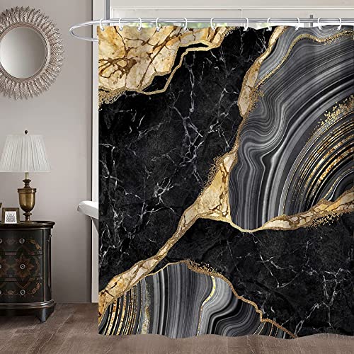Duschvorhang 200x200 Marmor, Wasserdicht Anti Schimmel Duschvorhänge 3D Schwarzes Gold, Shower Curtains Waschbar mit 12 Ringe, Duschrollo für Badewanne, Dusche Badezimmer von FSZXC