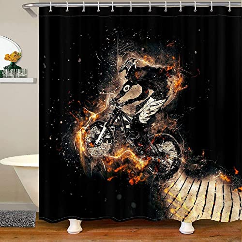 Duschvorhang 200x200 Mountainbike, Wasserdicht Anti Schimmel Duschvorhänge 3D Thema Sport, Shower Curtains Waschbar mit 12 Ringe, Duschrollo für Badewanne, Dusche Badezimmer von FSZXC