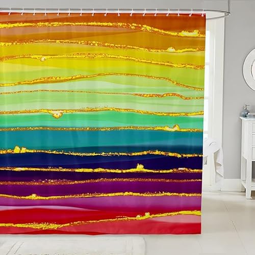 Duschvorhang 240x200 Regenbogen, Wasserdicht Anti Schimmel Duschvorhänge 3D Streifen, Shower Curtains Waschbar mit 12 Ringe, Duschrollo für Badewanne, Dusche Badezimmer von FSZXC