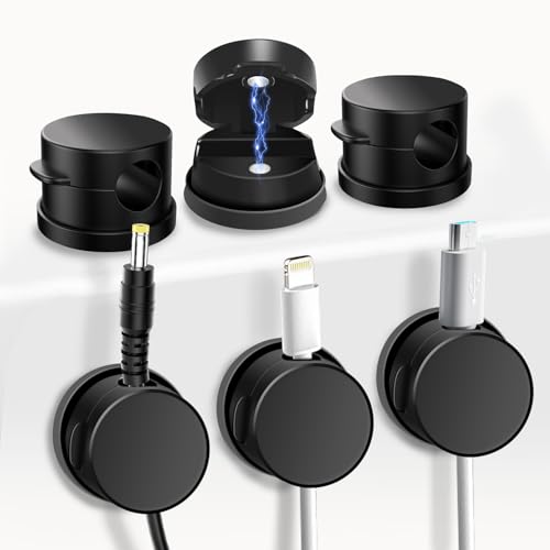 FT FUNTOR 6 Stück Magnetischer Kabelhalter Selbstklebend Kabel Organizer, Drehbar Kabelclips für Schreibtisch, Nachttisch, Auto, Wand, USB, Audio-Kabel (Schwarz) von FT FUNTOR