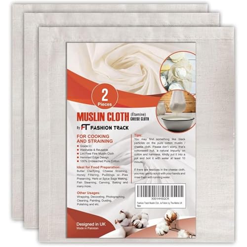 FT Fashion Track Musselin-Tücher zum Kochen, Passiertuch, 2 Stück Käsetuch zum Backen und Filtern, 50 x 50 cm, Güteklasse 90, fusselfrei, 100% ungebleichte Baumwolle, wiederverwendbares Passiertuch von FT Fashion Track