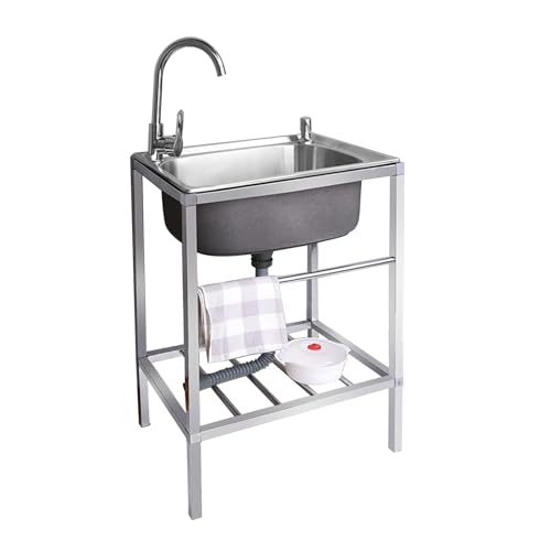 Spüle Edelstahl,Edelstahl Waschbecken für den Außenbereich,Outdoor Garage Garten Camping Keller Ausgussbecken mit Backsplash Abfluss Sieb,Spülbecken mit Warm Kaltwasserhahn(48 * 35cm) von FTGENSM