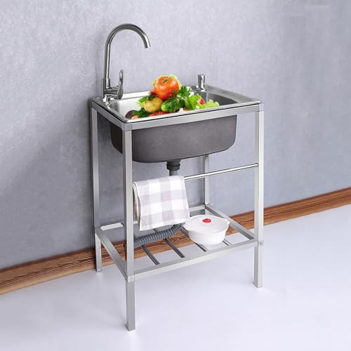 Spüle Edelstahl,Edelstahl Waschbecken für den Außenbereich,Outdoor Garage Garten Camping Keller Ausgussbecken mit Backsplash Abfluss Sieb,Spülbecken mit Warm Kaltwasserhahn (Size : 48 * 35cm) von FTGENSM