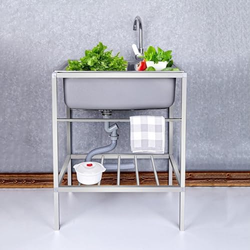 Spüle Edelstahl,Edelstahl Waschbecken für den Außenbereich,Outdoor Garage Garten Camping Keller Ausgussbecken mit Backsplash Abfluss Sieb,Spülbecken mit Warm Kaltwasserhahn (Size : 58 * 43cm) von FTGENSM