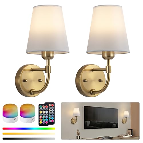FTL 2 Stück Wandleuchte Innen Akku Gold, E27 Batteriebetriebene LED Wandlampe mit Fernbedienung, Vintage Dimmbare Wandleuchte mit Stoffschirm, Aufladbar Kabellose Wandlampe für Schlafzimmer Wohnzimmer von FTL