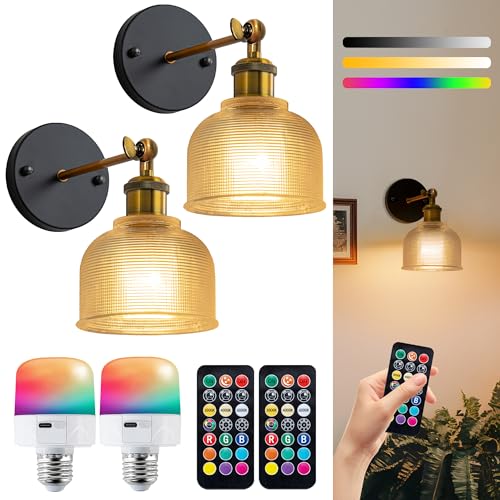 FTL Akku Kabellose Wandleuchte 2 Set, Glas Wiederaufladbare Wandlampe mit Fernbedienung und Timer, Innen Wandleuchte Batterie mit RGB Dimmbare Abnehmbare Glühbirne für Wohnzimmer, Schlafzimmer von FTL