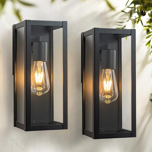 FTL Außen Wandleuchte Zweier-pack, E27 Außenwandleuchte und Klarem Glas, Modern Ausenbeleutung Hauswand, IP44 Wasserdichte Aussenleuchte wandlampe aussen, Schwarz Außenlampe Wand für Veranda, Terrasse von FTL