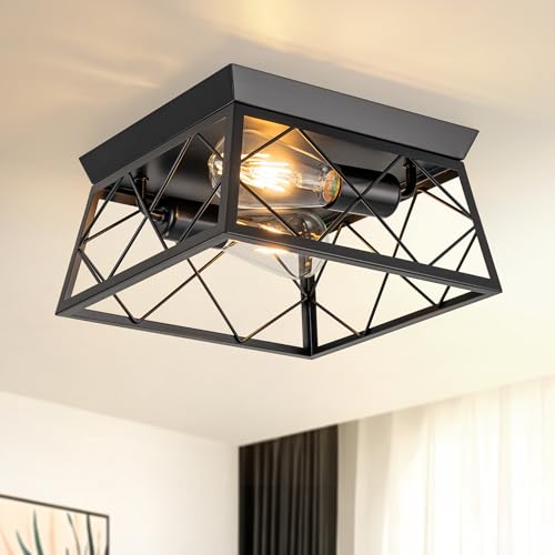 FTL Deckenleuchte Vintage, 2-Flammig Deckenlampe Metall in Käfigform, Quadrat Industrial Flurlampe Deckenbeleuchtung, Schwarz Küchenlampe E27 Fassung, LED Wohnzimmerlampe für Schlafzimmer Korridor FTL Deckenleuchte Vintage, 2-Flammig Deckenlampe Metall in Käfigform, Quadrat Industrial Flurlampe Deckenbeleuchtung, Schwarz Küchenlampe E27 Fassung, LED Wohnzimmerlampe für Schlafzimmer Korridor von FTL