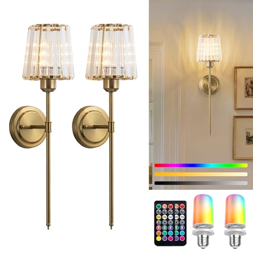 FTL Kristall Wandleuchte Akku 2 Stück, Gold Batteriebetrieben Wandlampe mit Fernbedienung, Wandleuchte Ohne Stromanschluss mit Stoffschirm, Aufladbar Wandbeleuchtung mit Batterie für Wohnzimmer Flur von FTL