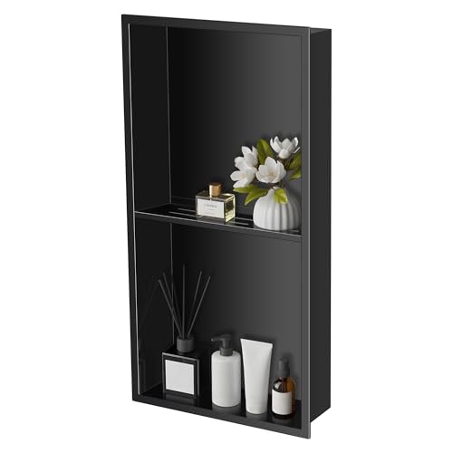 FTL Schwarze Duschnische mit Ablaufablage, Edelstahl Wandnische mit Doppelschicht 305 x 610 x 95 mm, Duschnische Wandeinsatz, Nische für Duschwand, keine Fliesen erforderlich von FTL