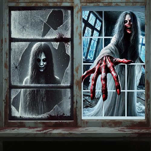 Halloween-Fensterdekorationen, gruseliger weiblicher Geist, Fensterabdeckung, Blut, Spukhaus, Horror-Vorhänge für Innen- und Außenbereich, Party-Dekoration, 119,4 x 78,7 cm, 2 Stück Halloween-Fensterdekorationen, gruseliger weiblicher Geist, Fensterabdeckung, Blut, Spukhaus, Horror-Vorhänge für Innen- und Außenbereich, Party-Dekoration, 119,4 x 78,7 cm, 2 Stück von FTTYUBE