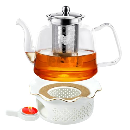 1300ML Glas Teekanne mit keramischem Warmer Set, große Kapazität (45 oz) hitzebeständige Borosilikatglas Teekanne mit abnehmbarem Edelstahl losen Tee Infuser von FTUREERA