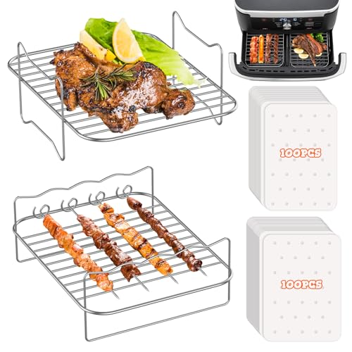 FTUREERA 2 Stück Heißluftfritteuse Grillrost Kompatibel mit Ninja Foodi AF500EU 10.4L Heißluftfritteuse, Airfryer Grillrost mit 200 Stück Backpapier für Ninja Flex Drawer AF500EU von FTUREERA