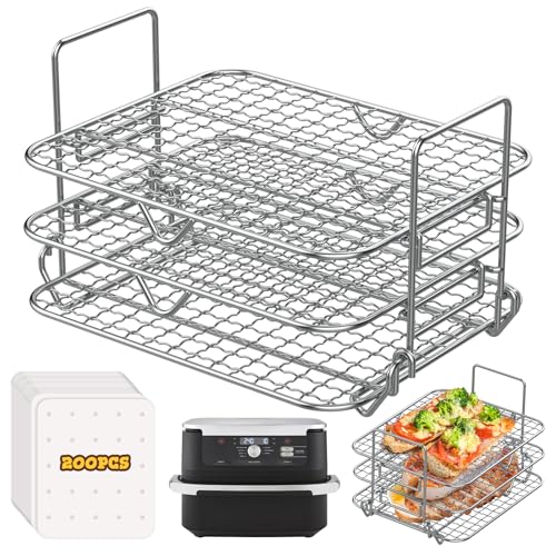 FTUREERA 3 Etagen Heißluftfritteuse Grillrost Kompatibel mit Ninja Foodi AF500EU, Airfryer Grillrost Multifunktional für Ninja Flex Drawer AF500EU 10.4L mit 200 Stück Backpapier von FTUREERA